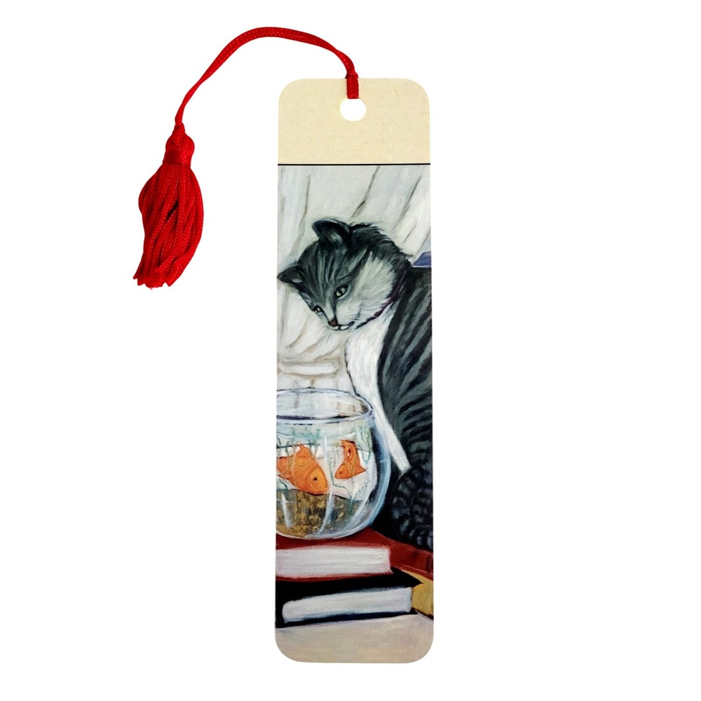 Vintage 90s Fishbowl Cat Bookmark Theresa Carter Flavia, 1990s Antioch KBO-11525